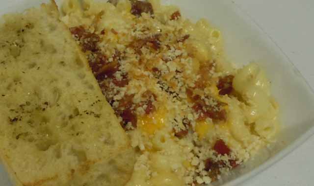 Macaroni and Cheese with andouille sausage, bacon, and bread crumbs